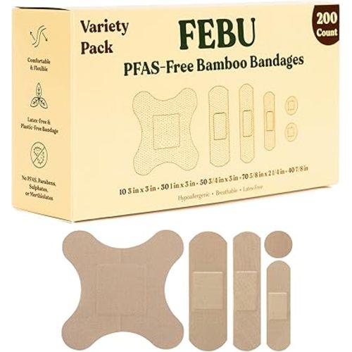 FEBU Eco-Friendly Bamboo Fabric Bandages | PFAS Free Bandages for Scrapes & Cuts | Flexible Fabric Bandage | Fully Compostable, Latex Free Bandage | 200 Count Bulk Variety