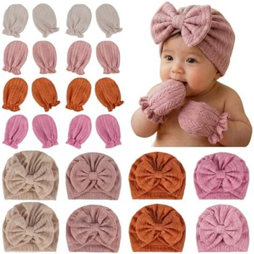 8 Sets Newborn Baby Hats & Mittens Cotton Preemie Infant Bow Beanies Caps Gloves Hospital New Born Boy Girl 0-3 Month