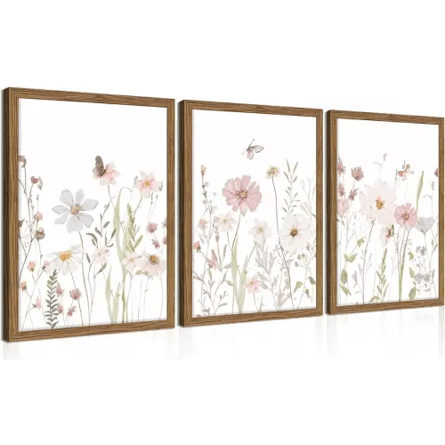 Framed Wildflower Wall Art Set of 3, Pink Floral Canvas Wall Decor Pictures, Vintage Flower Botanical Paintings, Nursery Flowers Butterfly Posters Prints for Bedroom Living Room 12x16 Inch