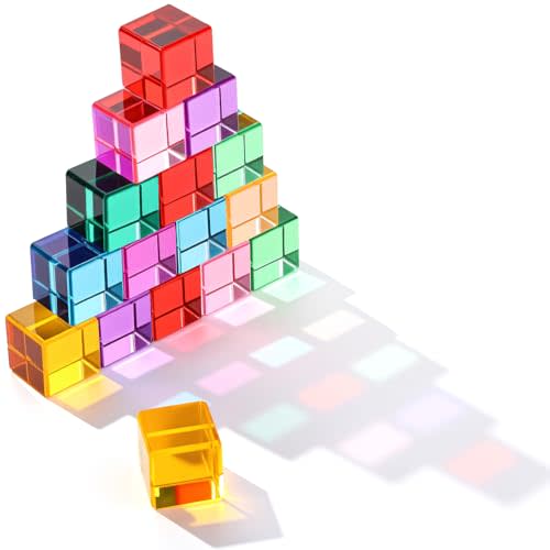 Meooeck 20 Pcs Acrylic Gem Cubes Blocks for Kids Translucent Rainbow Building Blocks Crystal Light Shadow Stacking Toys for School Education Training Learning(2.5 x 2.5 x 2.5 cm)