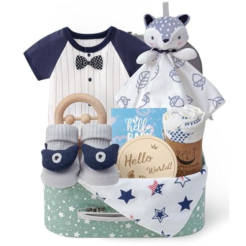 Golray Baby Boy Gifts for Baby Shower, 9pcs Newborn Essential with Fox Lovey/Blanket/Onesie/Wooden Rattle/Socks/Bib/Suitcase, Welcome Baby Gift Box Gender Reveal Infant Boy Gift Basket Set 0-6 Month