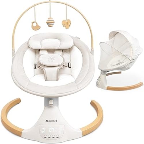 Jool Baby Nova Nature Baby Swing for Newborns with Natural Wood Toys, Electric Motorized Infant Swing, Bluetooth Music, Remote (Oatmeal)