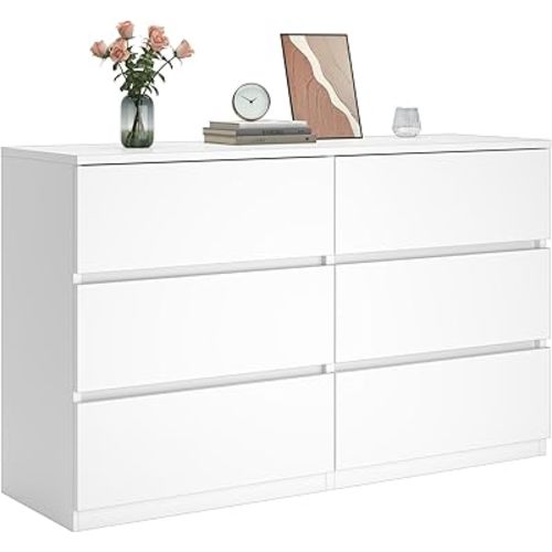furtble 6 Drawer Dresser for Bedroom, Modern White Chest of Drawers No Handles Large Storage, Wood Dressers with Wide Drawers for Closet, Living Room, Home Office(43.3" W x13.4 Dx 26.4" H)
