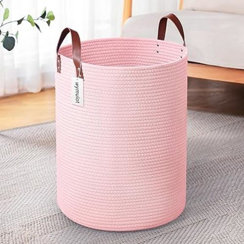 80L Large Rope Basket, Woven Rope Storage Basket with Leather Handles, Dog Toy Storage Basket, Bedroom, Nursery Blanket Storage, Bathroom Laundry Basket, 16“x20” Tall Laundry Hamper (Pink)