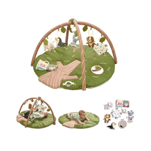 Baby Play Gym Mat - Jungle Safari Activity Mat with 8 Detachable Toys for Sensory Development - Thick, Oversized, Washable and Non-Slip Bottom Playmat - Perfect Tummy Time Mat for Baby