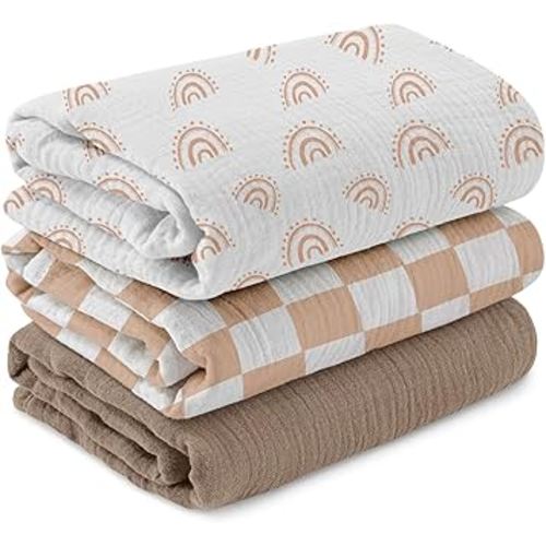 Muslin Swaddle Blankets for Newborn, 3 Pack Breathable Soft Receiving Blanket, Large 38 x 40 inches Swaddle Wrap Burping Clothes Diapers, Essentials Infant Shower Items, Toddler Gift (Rainbow & Grid)