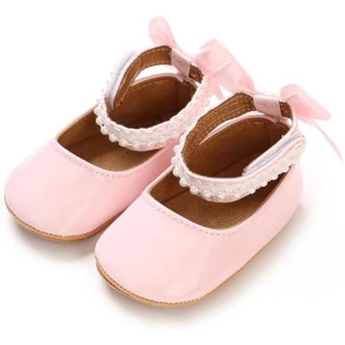 Baby Girls Mary Jane Flats, Non Slip Soft Sole, PU Leather Bowknot Dress Shoes, Newborn Infant Toddler First Walker, 0-18 Months