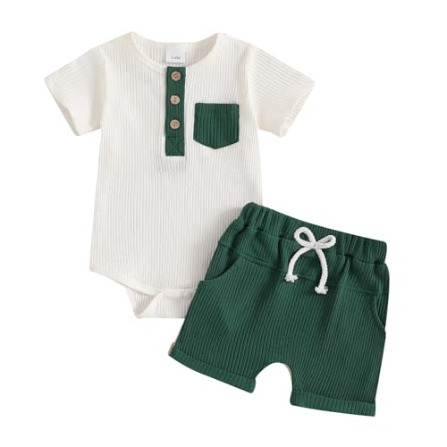 fhutpw Baby Boy Clothes Short Sleeve Romper & Shorts Sets Newborn 3 6 12 Months Summer Knitted Ribbed Splicing Color Outfits