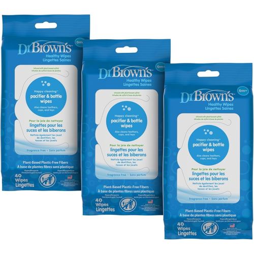 Dr. Brown's Bottle and Pacifier Healthy Wipes, Safely Clean Bottles, Baby Items, and Feeding Essentials, Hypoallergenic, 40 count, 3-Pack (Packaging May Vary)