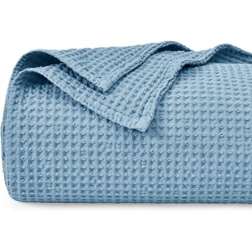 PHF 100% Cotton Waffle Throw Blanket Lightweight Breathable, Dusty Blue