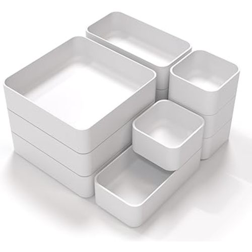 11-Piece Stackable Drawer Organizer Set, Multi-size Desk Drawer Organizer Trays Vanity Storage Bins for Storing Makeup, Stationery, Utensils in Bathroom Dresser, Office and Kitchen