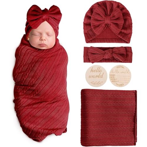 Newborn Receiving Blanket with Bow Hat Headband Wooden Card Set Wheat-Pattern Newborns Toddler Baby Boy Girl Nursery Swaddle Wrap
