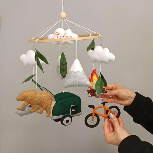 Woodland Nursery Mobile, National Park Decor, Camper, Bicycle, Kayak, Bonfire, Baby Shower Gift
