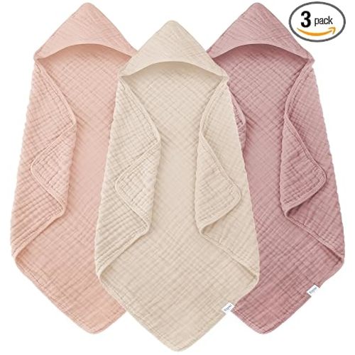 Muslin Hooded Baby Bath Towels - 3 Pack 100% Cotton Ultra-Soft Towels for Newborns, Infants, Toddlers - 32x32 Inch - Highly Absorbent, Quick-Dry Essentials for Bath Time, Beach, Pool, Neutral Series