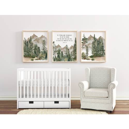 Set of 3 Nursery Bible Verse, Be Strong and Courageous, Joshua 1:9, Boy Woodland Nursery Prints, Kids Room Decor, Baby Boy Nursery Decor,