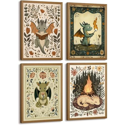 Vintage Nursery Dragon Wall Art Baby Boy Room Canvas Wall Decor Whimsical Dinosaur Flower Poster Nursery Cute Dragon Pictures Fantasy Prints Painting for Girls Bedroom Kids Room 8x10 Inch Framed 4Pcs