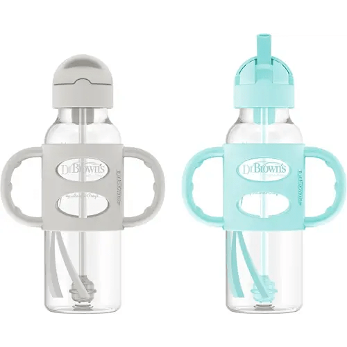 Dr. Brown's Milestones Narrow Sippy Straw Bottle, Spill-Proof with 100% Silicone Handles and Weighted Straw, 8 oz/250 mL, Gray/Green, 6m+