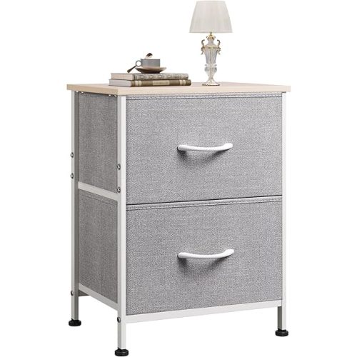 WLIVE Night Stand, Gray Nightstand with 2 Fabric Drawers, Small Dresser for Bedroom, Closet, College Dorm, End Table Side Furniture, Wood Top, Light Grey