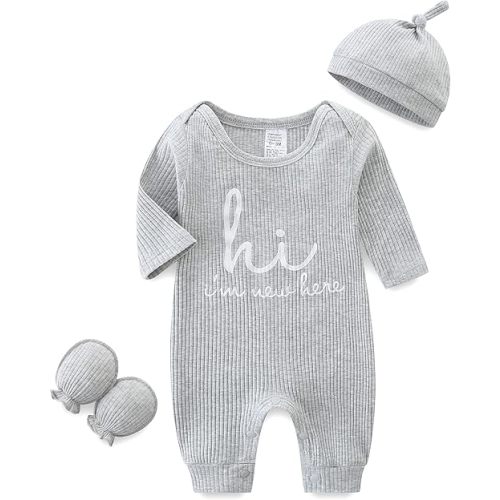 Unisex Newborn Baby Onesie Ribbed Romper Infant Long Sleeve Jumpsuit Hat and Gloves