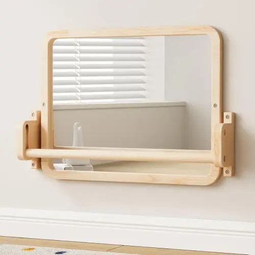 Montessori Mirror with Bar, Baby Pull to Stand Toys, Natural Wooden Frame & Baby Pull Up Bar, Adjustable Infant Coordination Small Mirror, Montessori Furniture for Toddler 6-18 Months