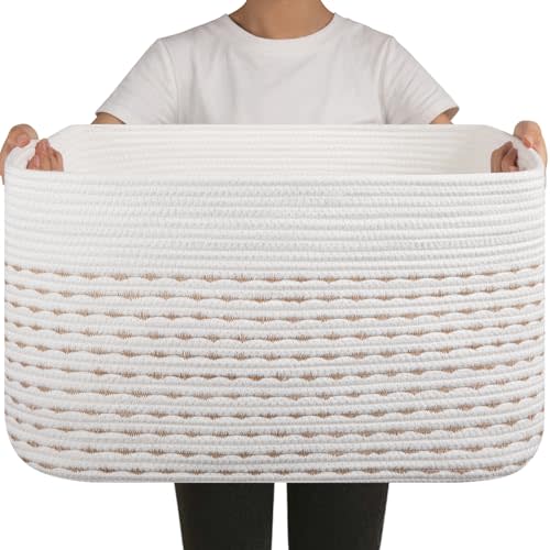 OIAHOMY 75L Blanket Basket, Woven Cotton Rope Basket for Organizing 22”x17”x12”, Used for Living Room, Bedroom, Nursery, Light Yellow & White