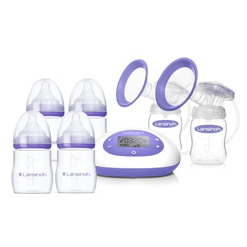 Lansinoh Oh Baby Newborn Essentials Kit Signature Pro Double Electric Breast Pump with 25mm Flanges, 2 Feeding Bottles + 4 Count 5 oz Anti-Colic Baby Bottles with Newborn Flow Silicone Nipples
