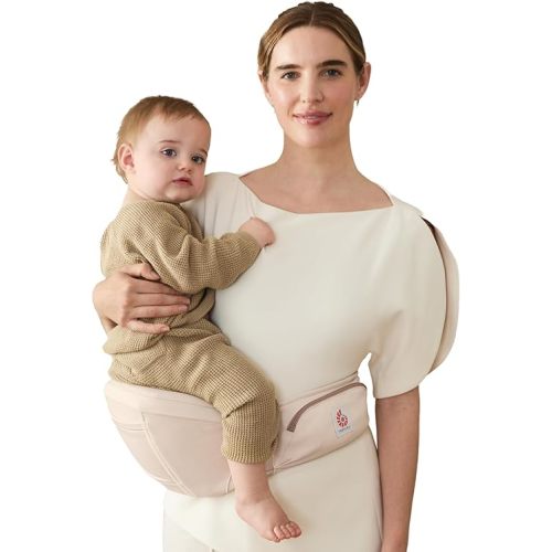 Ergobaby Lift Hip Seat Baby Carrier for Babies and Toddlers 6-48 Months (17-45 lbs) - Ergonomic Baby Carrier with Storage Pockets, Hip-Healthy Positioning - Natural Beige