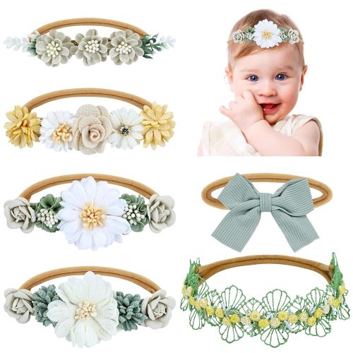 6 Pieces Super Soft Stretchy Green Khaki White Baby Girl Nylon Bow Flower Headbands Floral Lace Headbands Hair Accessories for Newborns Infants Toddlers Girls Kids
