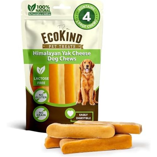 EcoKind Yak Cheese Himalayan Dog Chews, Yak Chews for Large Dogs, Long Lasting Bone for Aggressive Chewers, 3 Ingredient Natural High Protein Dog Treat, No Additives or Lactose, Large - 4 Chews (1 lb)