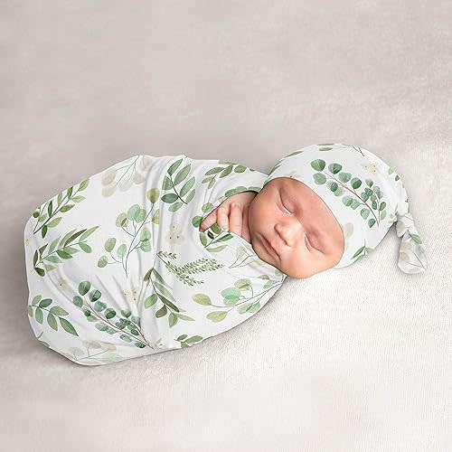 Sweet Jojo Designs Floral Leaf Baby Boy or Girl Cocoon and Beanie Hat 2pc Set Jersey Stretch Knit Sleeping Bag for Infant Newborn Nursery Sleep Wrap Sack - Green White Boho Botanical Woodland Garden