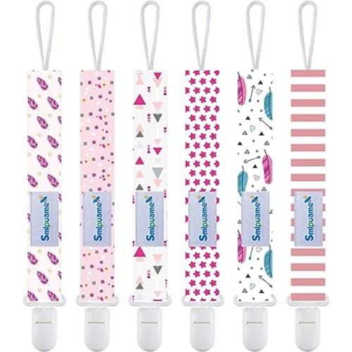 Smlpuame Pacifier Clip Girl,6 Pack Stylish Binky Clips Strap for Baby Girls,Paci Holder with Clip Lightweight Universal Fits Most Pacifiers Teether Toy Teething Ring Soothie,Baby Gifts(Pink)