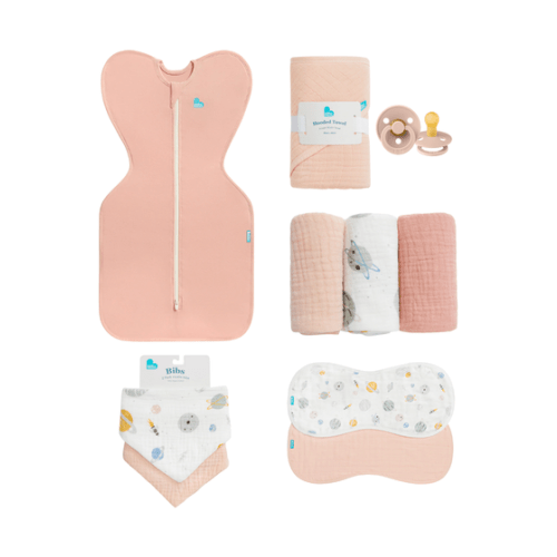 Newborn Essentials Bundle | Swaddle Up 1.0 TOG | Bib | Wash Cloth | Burp Cloth | Hooded Towel | Dummies | Rose