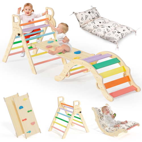 BlueWood Climbing Pikler Triangle Set Jungle Gym Set 8-in-1 Foldable Wooden Montessori Indoor Ages 1-6