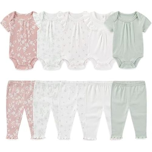 Kiddiezoom Newborn Baby Layette Set 10-Piece with Bodysuits and Pants Set for Unisex Baby Gift Sets