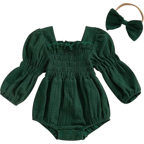 Smocked Baby Girl Clothes Newborn Bubble Romper Solid Linen Long Sleeve Onesie and Headband Cute Photography Outfits