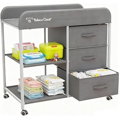 Baby Changing Table, Portable Changing Table, Diaper Changing Station with Waterproof Pad, Changing Table Dresser with 3 Storage Baskets, Mobile Nursery Organizer for Newborn Essentials