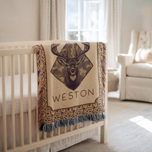 Personalized Camo Deer Woven Blanket, Camo Deer Nursery Decor, Personalized Hunt Baby Shower Gift, Camo Deer Hunting Baby Blanket Gift