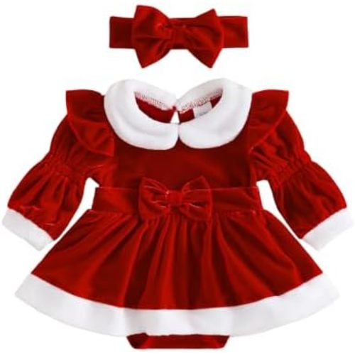 Newborn Baby Girl Christmas Outfit Plush Trim Long Sleeve Romper Dress Xmas Princess Dress Cute Winter Clothes