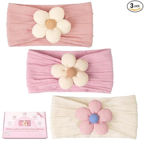 CÉLLOT 3 Pcs Baby Girl Headbands with Flower Nylon Headbands Soft Stretchy Headwear Hair Accessories for Newborn Infant Toddler Kids (Pink Beige Salmon)
