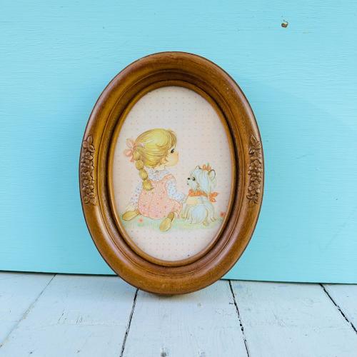 Vintage Little Girl & Terrier Nursery Wall Art | Oval Faux Wood Frame | Retro Cottagecore Children’s Decor