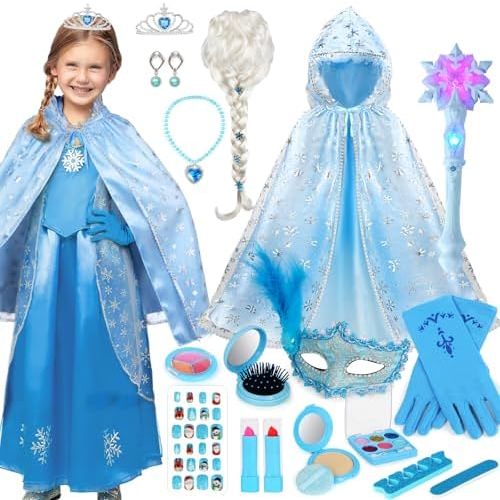 Ayrvocy Elsa Princess Dress Up Set with Frozen Toys - Includes Makeup Kit, Cape - Perfect Christmas Birthday Gift for Kids