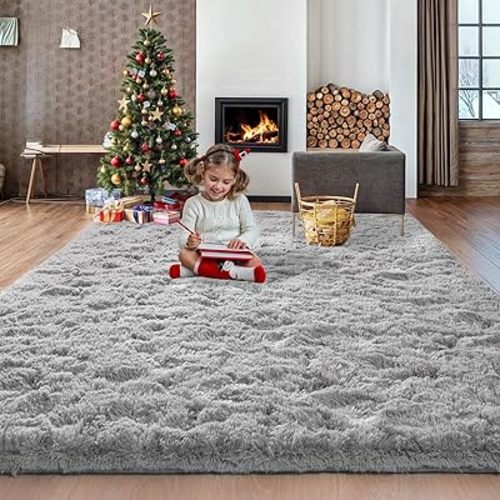 Area Rugs for Bedroom Living Room, 9x12 Light Grey Fluffy Rugs for Kids Playroom, Furry Carpet for Nursery Room, Shag Rug for Teen Room, Thick Fuzzy Plush Rug for Dorm, Room Decor for Baby
