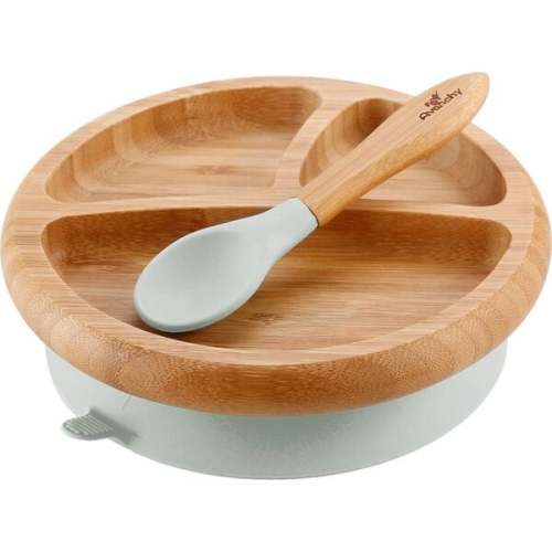 Baby Bamboo Stay Put Suction Plate + Spoon, Grey - Avanchy | Maisonette