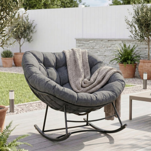 Latitude Run® Indoor Outdoor Rocking Chair with Cushion, Oversized Papasan Rocking Chair, Heavy Duty Lounge Rocking Chair & Reviews | Wayfair