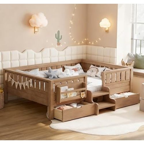 Bellemave Full Size Kids Bed with high Rails and with Built-in Bookshelf and Drawers for Kids, Girls, Boys, Wood Montessori Bed Without Door, Natural