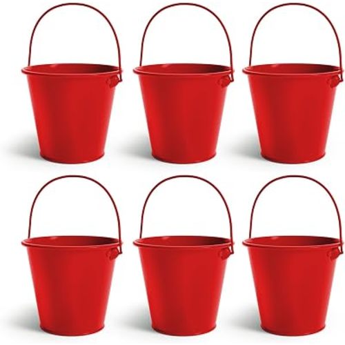 Colorlaza Small Metal Buckets with Handle 6 Pcs – Galvanized Bucket Leak Proof & Rust Resistant 48 fl oz Capacity - Best for Party Décor, Christmas & Decorating Classrooms (Red, Large 6.3" Top)
