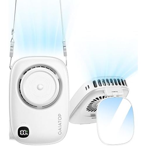Gaiatop Mini Neck Fan, Rechargeable LED Power Display 3 Speed 360°Rotate Lash Makeup Mirror Cute Camera Design, Small Portable USB Handheld Desk Fans Personal Cooling Travel Essentials White