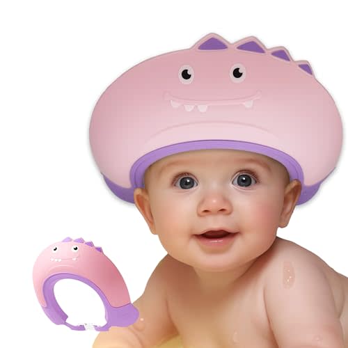 Baby Shower Cap Shield, Shower Cap for Kids, Visor Hat for Eye and Ear Protection for 0-9 Years Old Children,Cute Dinosaur shape Makes the Baby Bath More Fun (Pink)