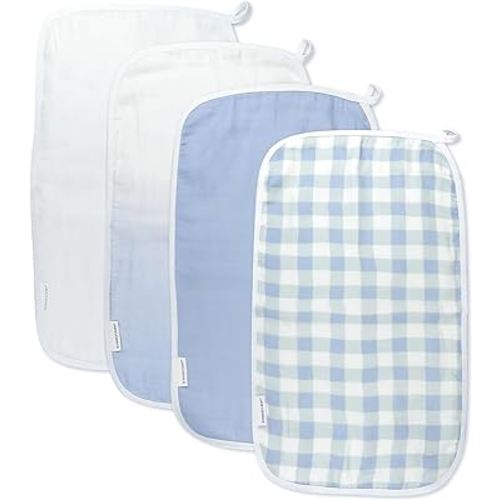 HonestBaby Organic Cotton Multi-layer Burp Cloths Multipack, 4-Pack Blue Painted Buffalo Check, One Size