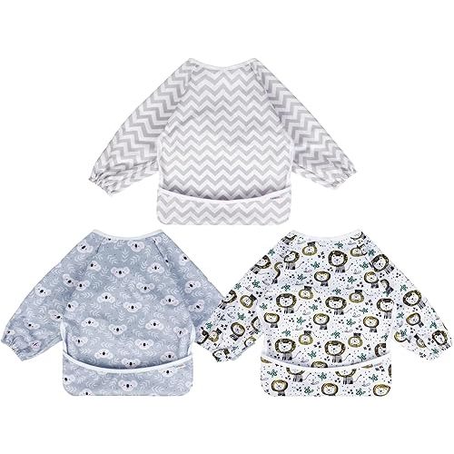 ALVABABY 3 Pack Full Sleeve Bib Baby Toddler Boys Bibs Bavette Bébé Waterproof Washable Adjustable Neckline Snap Bandage Bibs Koala